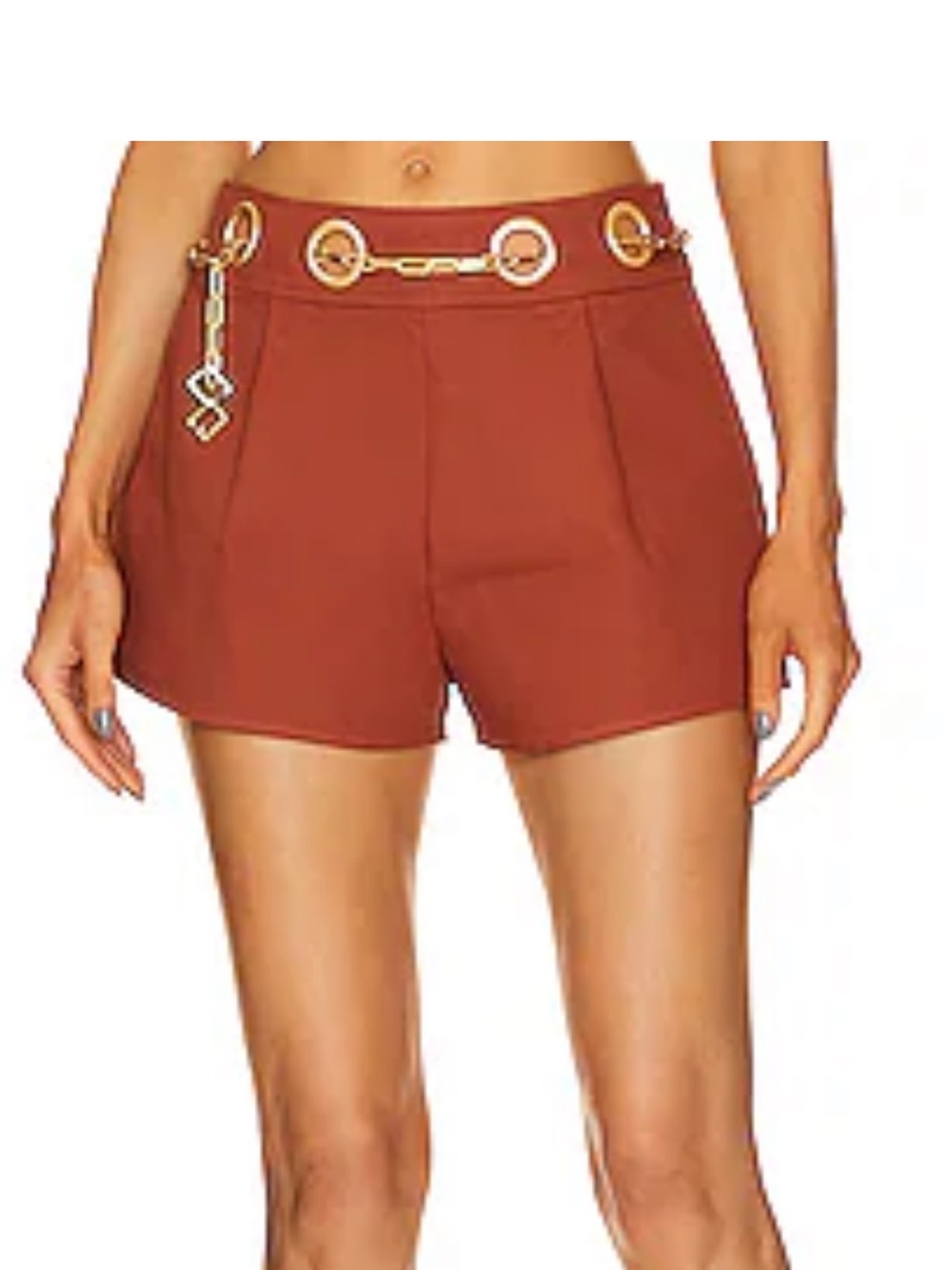 cult gaia Rust High-Waist Shorts with Gold Chain Detail